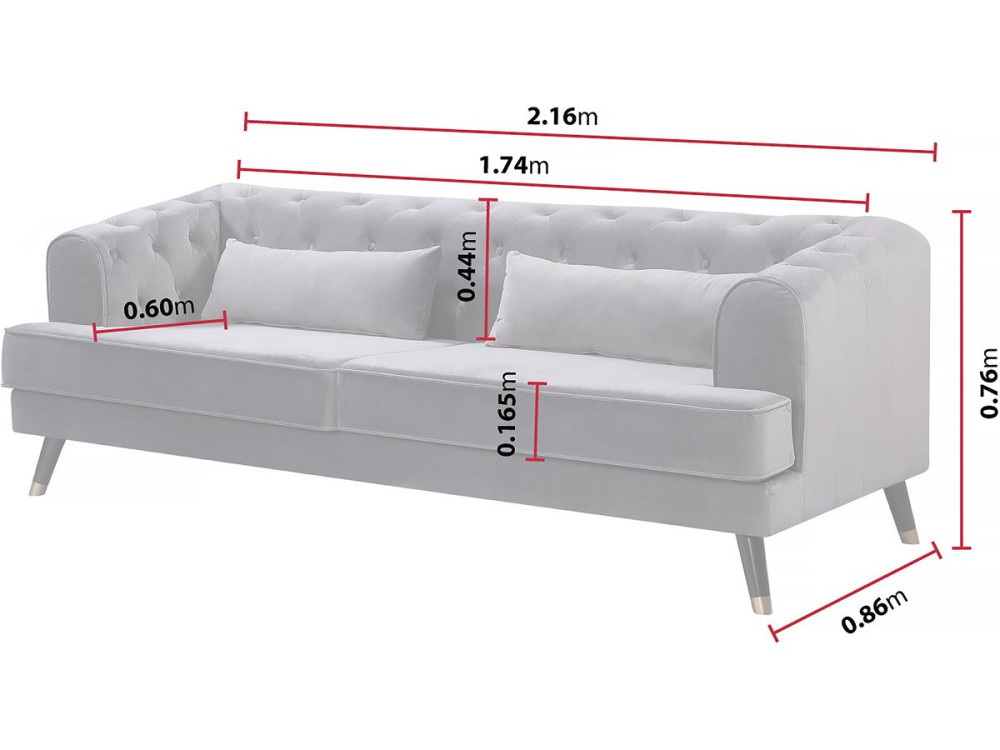 Canapé fixo em veludo "Gloria" - 216 x 86 x 76 cm - 3 lugares - Cinza