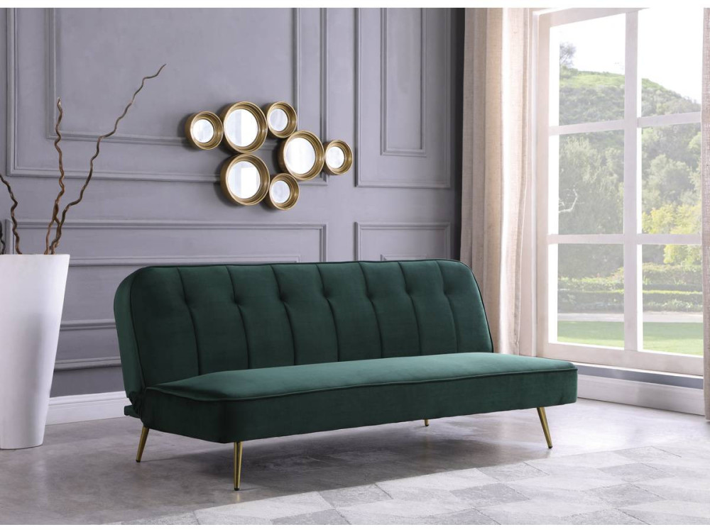Sofá de veludo Clic Clac "James" - 180 x 83 x 75 cm - 3 lugares - Verde escuro.