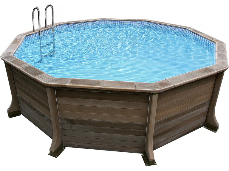 Kit piscina decagonal em betão com aspeto de madeira - 4,95 x 1,40 m
