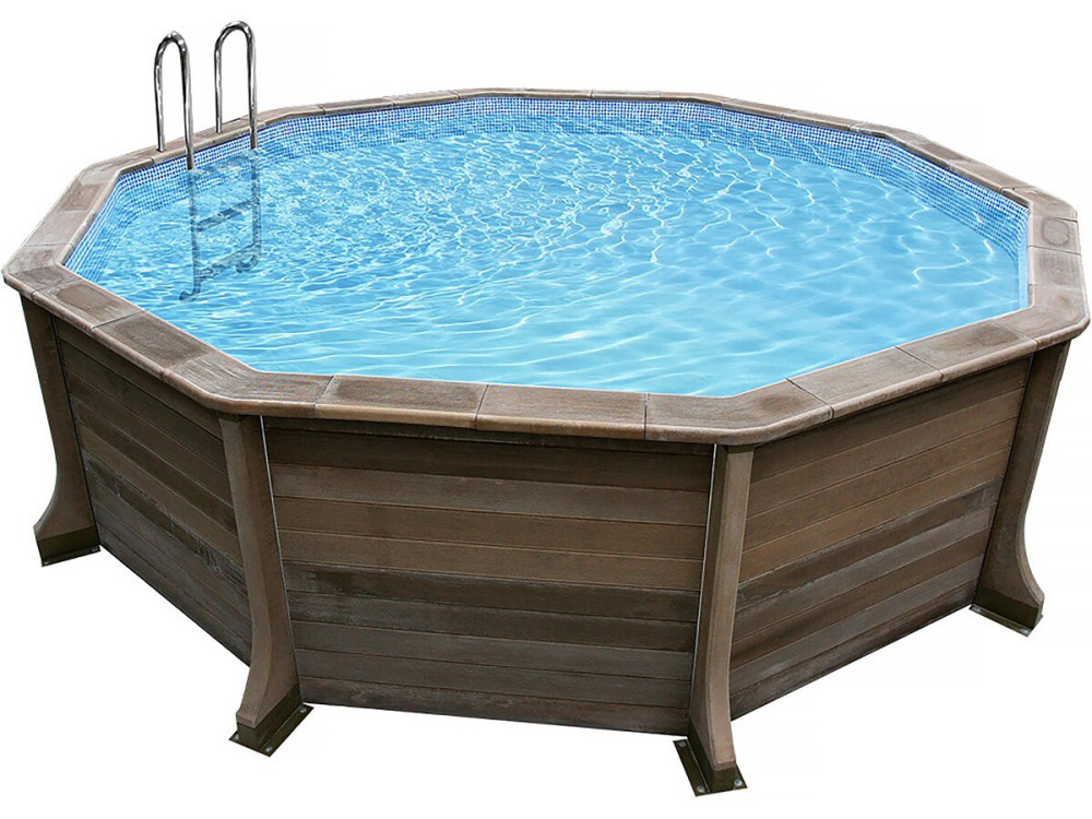 Kit piscina decagonal em betão com aspeto de madeira - 4,95 x 1,40 m