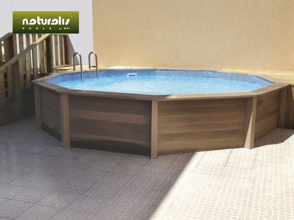 Kit piscina decagonal em betão com aspeto de madeira - 4,95 x 1,40 m