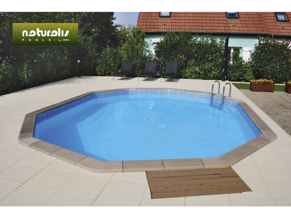 Kit piscina decagonal em betão com aspeto de madeira - 4,95 x 1,40 m